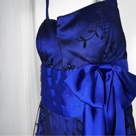 Vintage Y2K Velvet Chiffon Blue & Black Halter Top knee length Formal dress 7/8 - Picture 6 of 9
